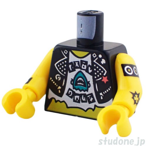 LEGO レゴ アクセサリー トルソー(ベスト ブラック・タタード シャツ/シャーク プリント) パーツ 部品 正面画像