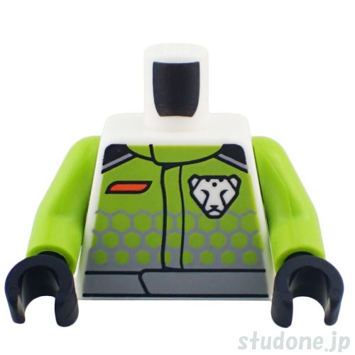 LEGO レゴ アクセサリー トルソー(レーシング スーツ ライム・レオパード ロゴ/ヘキサゴン パターン) パーツ 部品 正面画像
