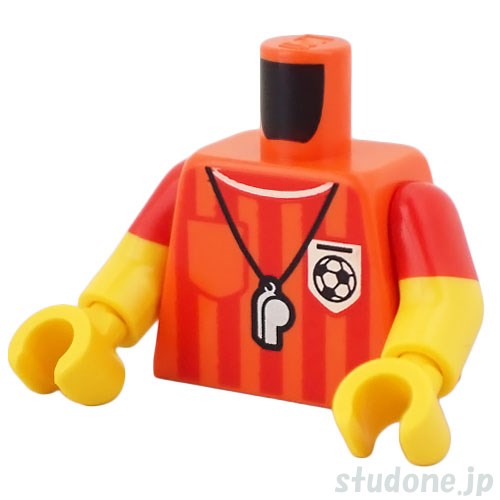 LEGO レゴ アクセサリー トルソー(レフリー シャツ レディッシュオレンジ・サッカーボールロゴ/ホイッスル) パーツ 部品 正面画像